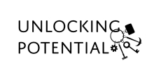 A black logo on a white background: the words ‘Unlocking Potential’ with work tools and a key attached to a keyring dangling from the ‘G’